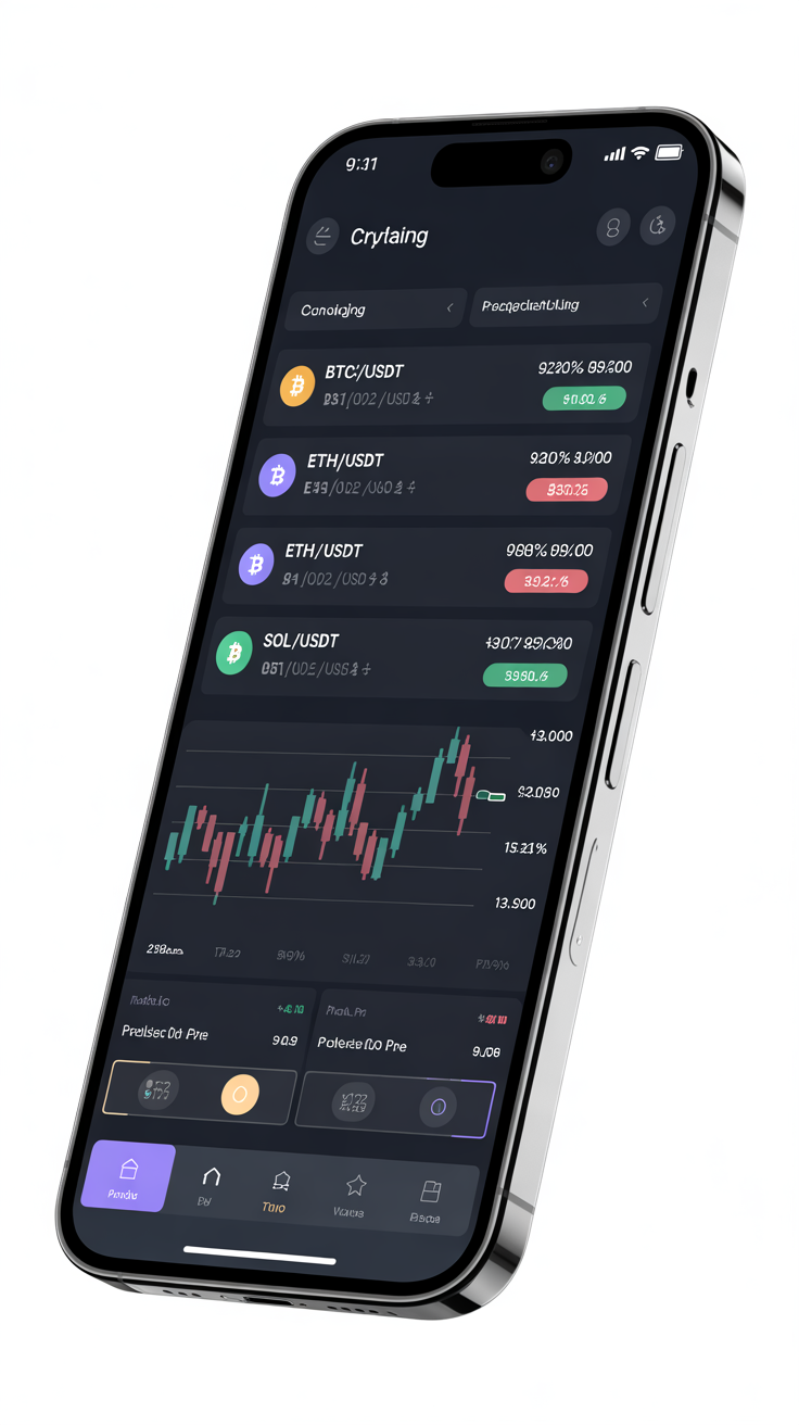 HeraldEX mobile crypto trading app showing trading pairs and price charts